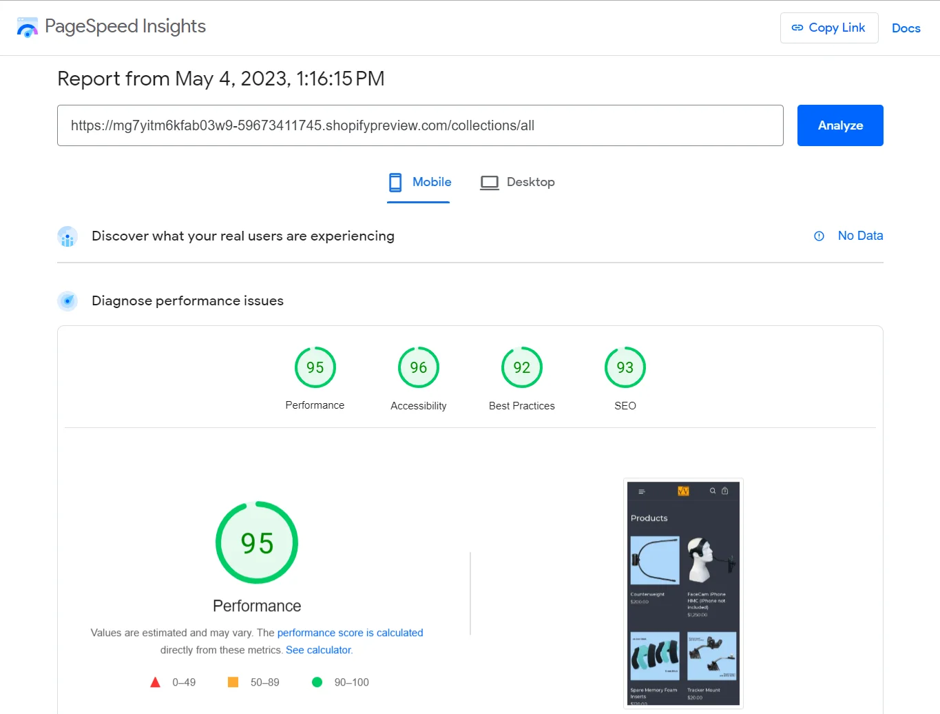 PageSpeed Insights report showing a performance score of 95, accessibility score, best practices score and SEO score.